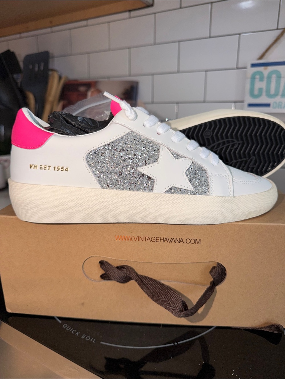 Vintage Havana White Sneakers with Silver Glitter Star and Hot Pink Heel